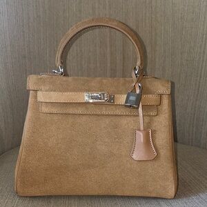 Structured Suede Top-Handle Satchel in Camel with Silver Hardware